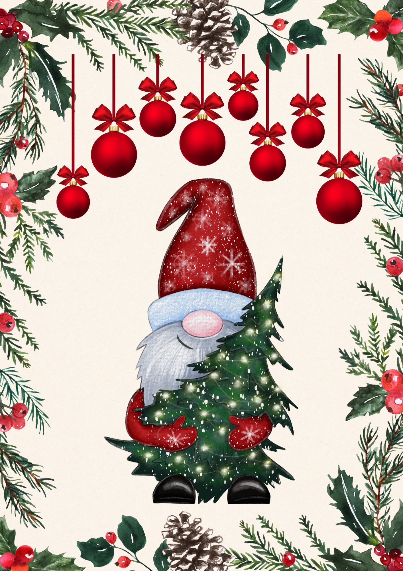 Logo konkursowe: pośrodku duży Mikołaj - w czerwonej czapce, z długą bialą brodą, w rękach trzyma choinkę. Dookoła na brzegach kartki gałązki świerkowe, u góry doadtkowo szyszka i bombki.